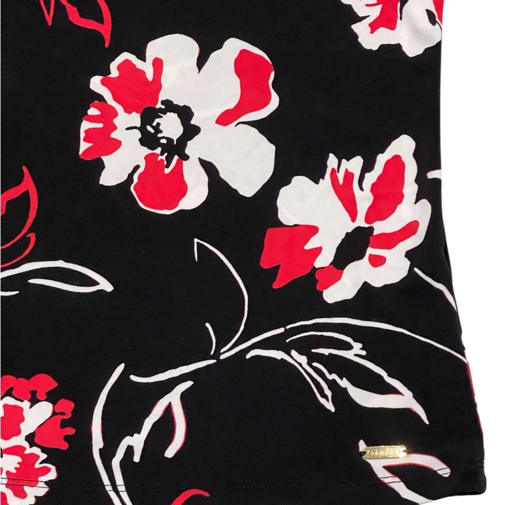 CALVIN KLEIN Womens Floral Top XL Black Red White Short Ruffle Sleeve Round Neck - Picture 9 of 10